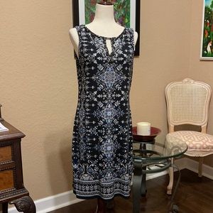 Medallion-Print Knit Shift Dress with Rhinestones